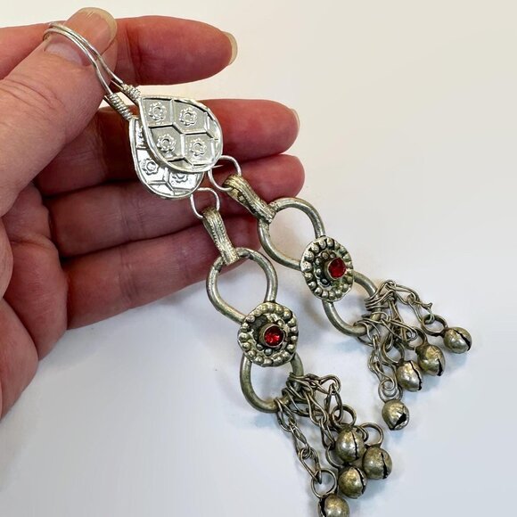 Afghan Earrings, Long Dangles, Silver, Red, Middle Eastern, Vintage, 5 1/2" Long - Picture 2 of 3